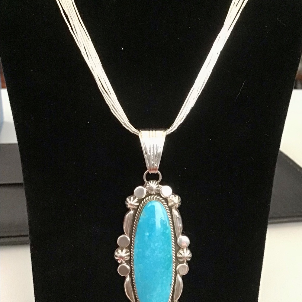 Rare Turquoise Pendant on JTV Liquid Silver 10 strand Sterling Silver chain